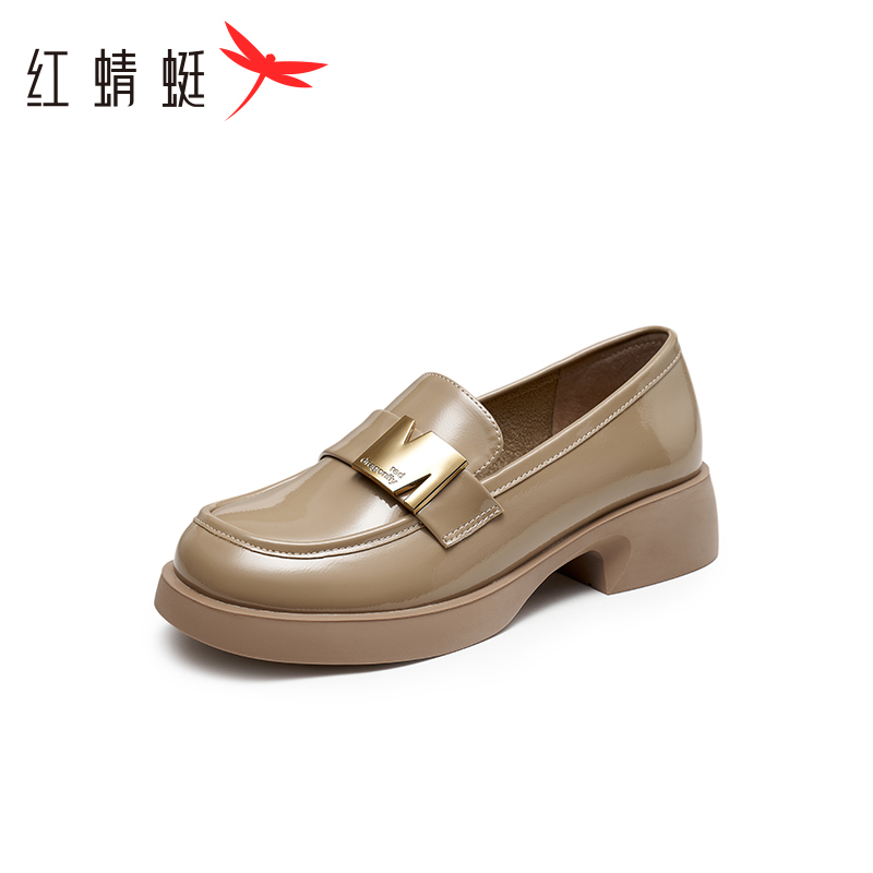 红蜻蜓乐福鞋女2023新款春秋一脚蹬厚底黑色小皮鞋英伦风高跟单鞋