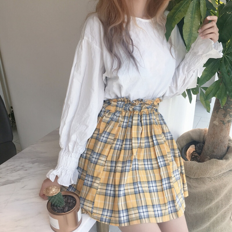 春夏女装韩版高腰花苞裙半身裙学生百搭显瘦复古格子A字裙短裙潮红格均码