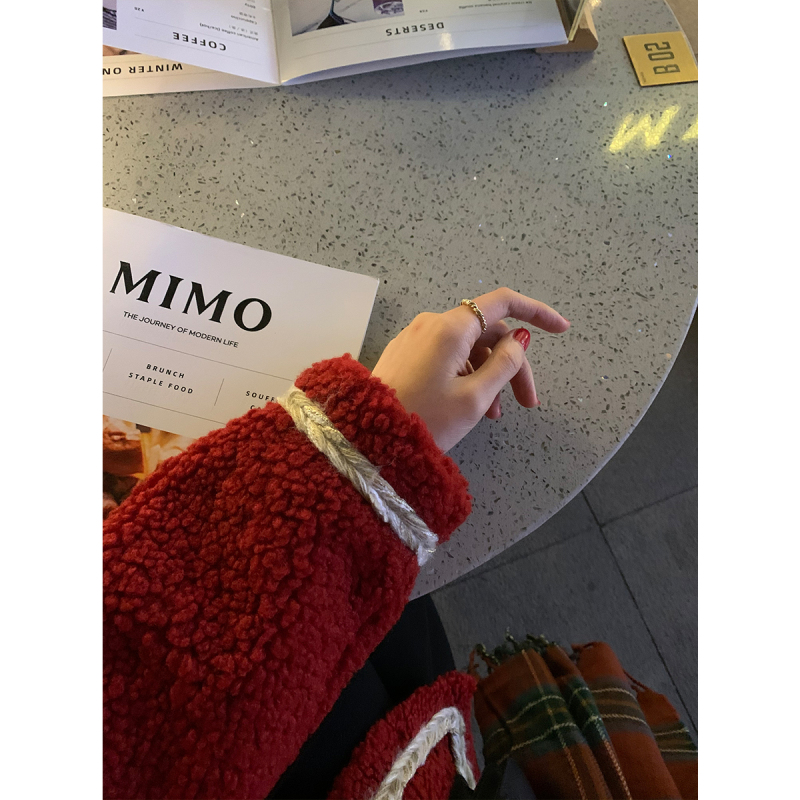 茜靓CHYLLIRN2020冬季新款宽松圣诞红皮毛一体颗粒绒羊羔毛外套女