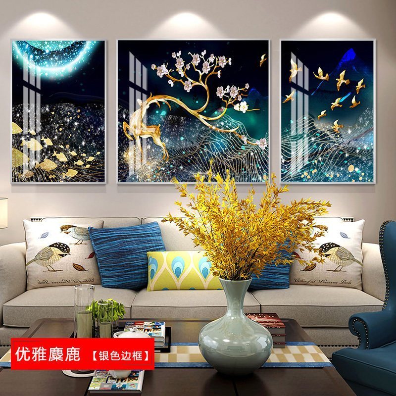 晶瓷工艺客厅三联挂画现代简约抽象装饰 金鹿高升(银色边框) 40*60cm三联套装(建议1.8-2.5米沙发)太空银[铝高清大图