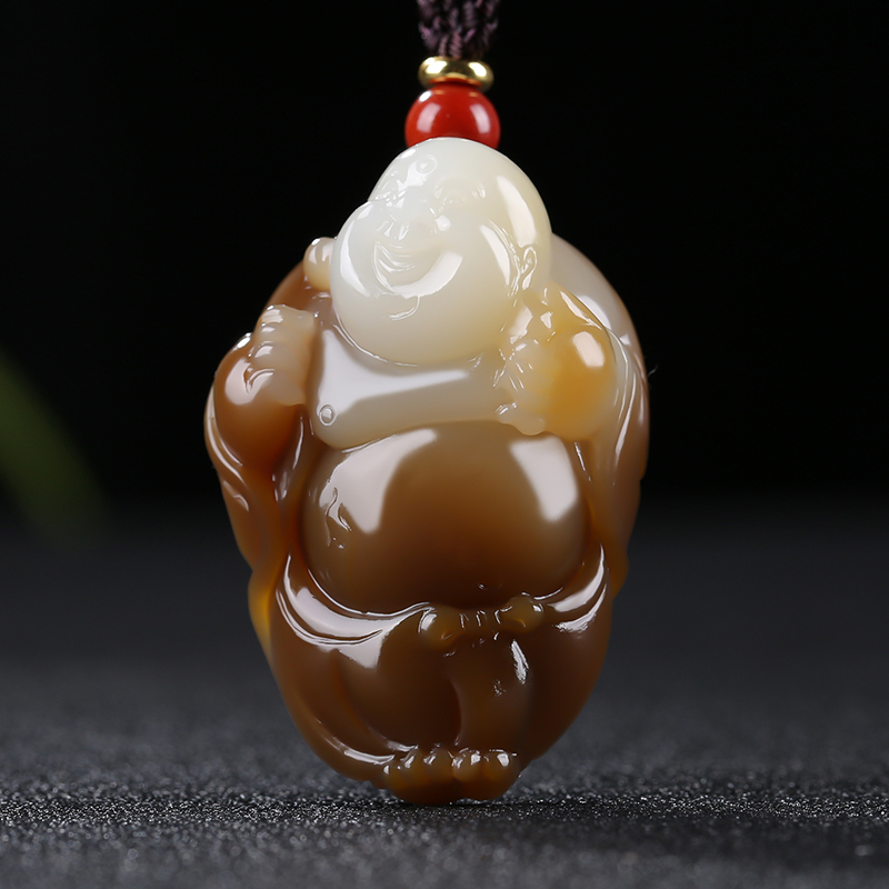 [佛佑一生]新疆和田玉吊坠玉佩且末糖白玉笑佛挂件玉坠天然玉石