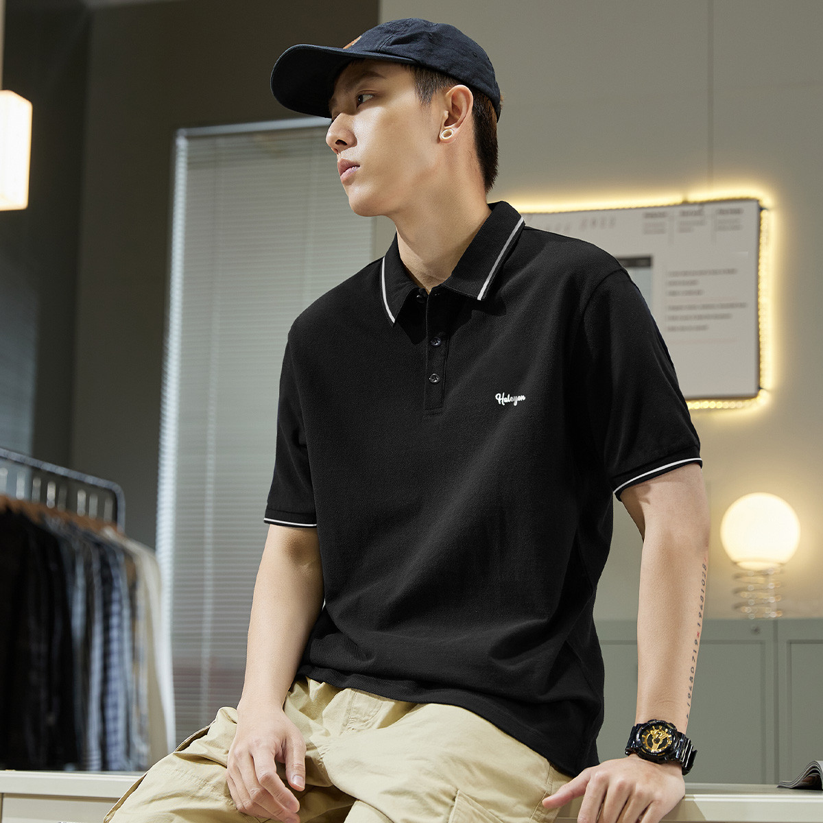 男士polo衫短袖男polo衫短袖男左胸小绣花短袖Polo_87108 L 黑色