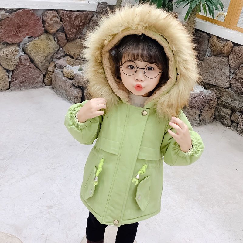 女童中小童装棉服韩版洋气女宝宝加绒加厚棉衣中长款冬装儿童外套黄色
