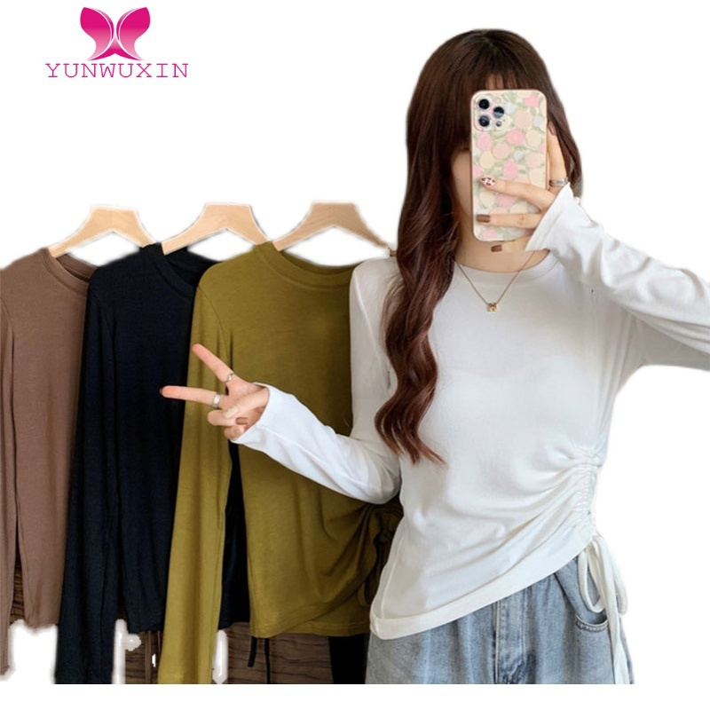 YUNWUXIN2022新款可外穿打底衫女抽皱性感露肩纯欲圆领长袖T恤上衣