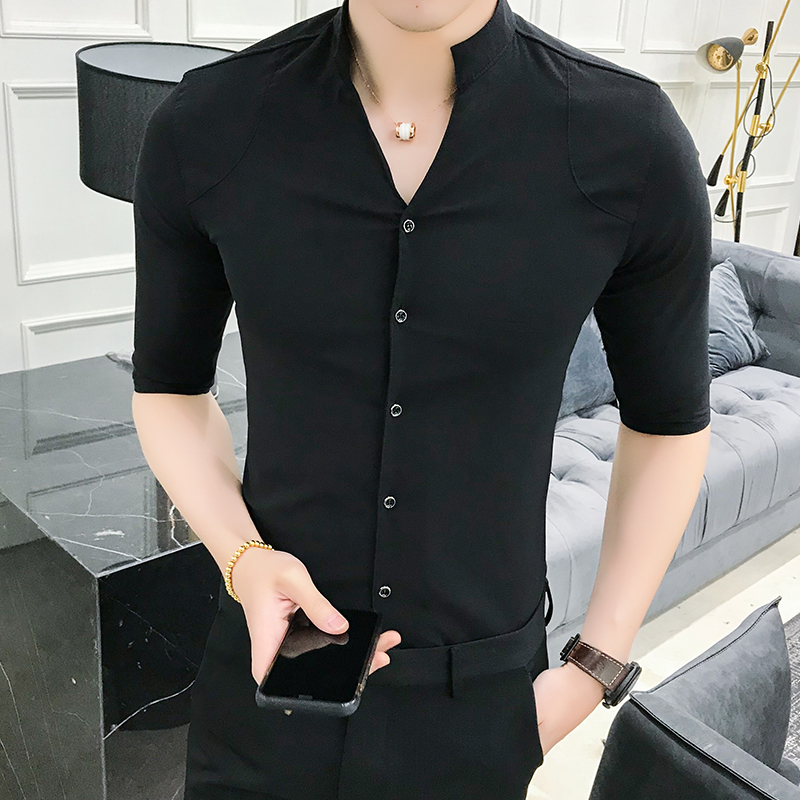 型师夜店黑色衬衫5七分袖男V领百搭纯色韩版修身商务衬衫夏季潮