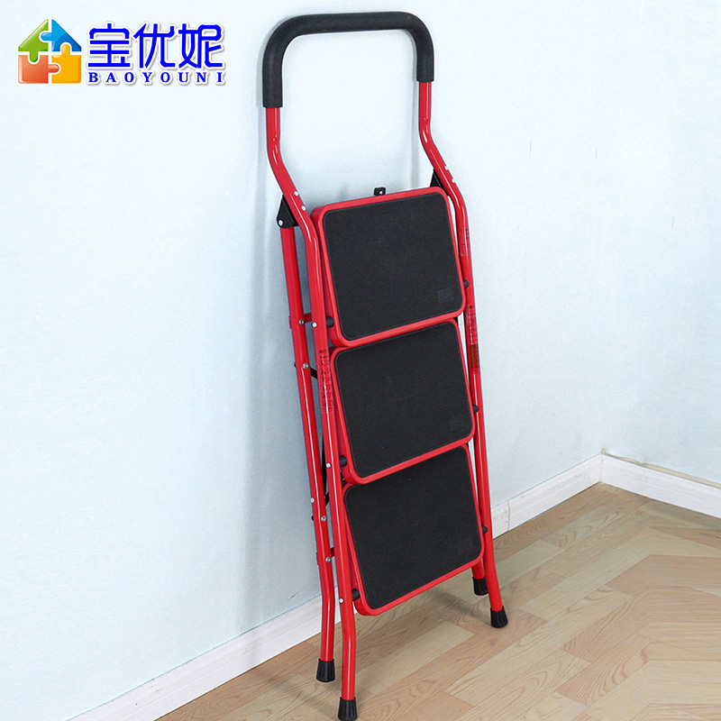[苏宁超市]宝优妮家用梯子折叠加厚室内多功能工程梯移动楼梯三步梯人字梯 DQ-TY03A[红色]高清大图