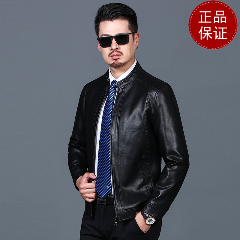 免费试穿 立领男装皮衣春秋装加厚皮夹克加绒爸爸衣服40-50岁中年男人休闲衣新款冬装新款外套潮海宁软皮夹克大码男装高清大图
