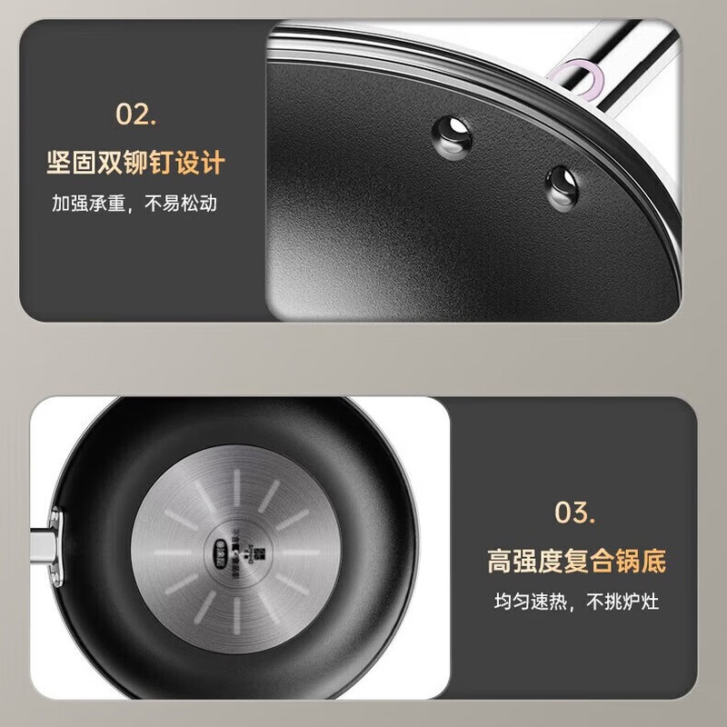 三禾 SANHO 0涂层微纳不粘炒锅 智巧感温设计 32cm(复古红) LC32S4高清大图