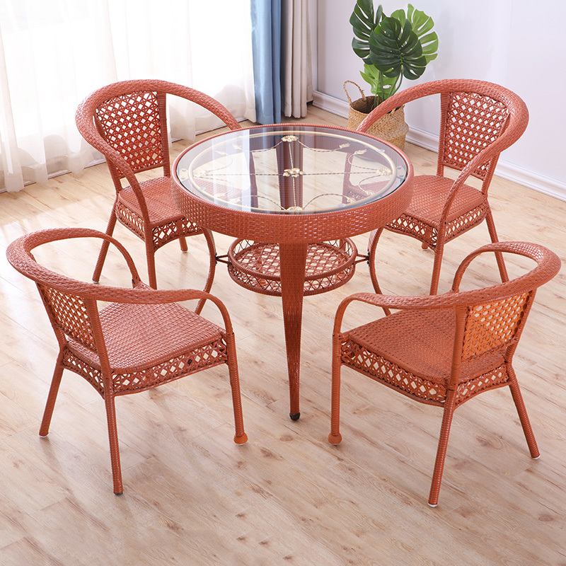 藤椅茶桌简约钢化玻璃小圆桌家用阳台小茶几圆形休闲喝茶闪电客桌椅