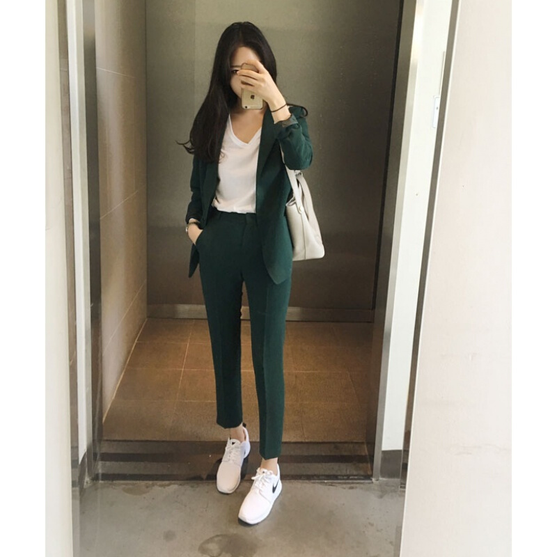 2018韩国韩版休闲显瘦小西装外套哈伦九分裤套装两件套女潮