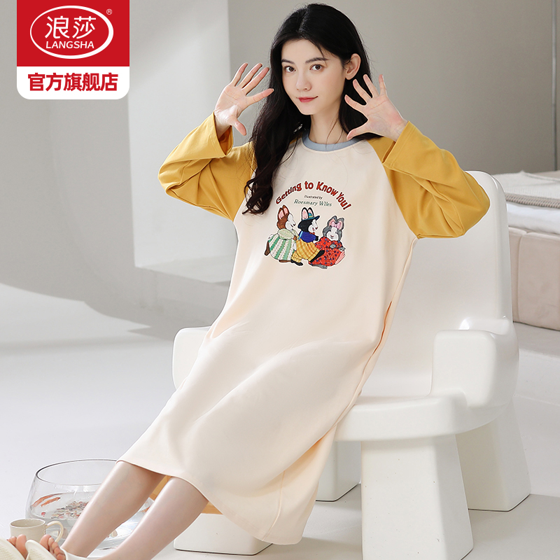 浪莎睡裙女春秋款纯棉长袖新款睡衣中长款宽松卡通可外穿家居服Z睡高清大图