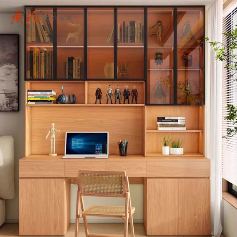 质凡全实木书桌书架一体家用办公桌学习桌写字桌卧室台式电脑桌 1.0*2.0(三门书桌)高清大图