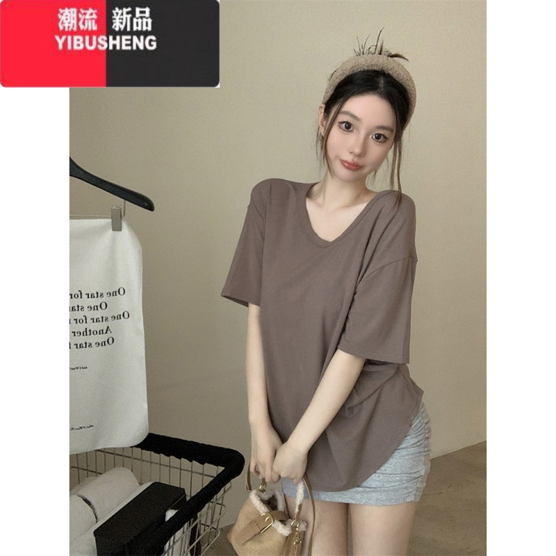 YIBUSHENG韩系白色短袖T恤女装季2024新款别致设计感V领宽松休闲小众上白高清大图