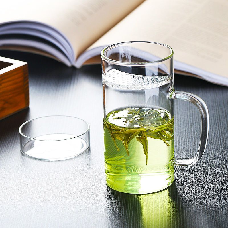 玻璃茶杯带漏绿茶杯带盖加厚耐热泡茶杯办公室家用花茶过滤月牙杯