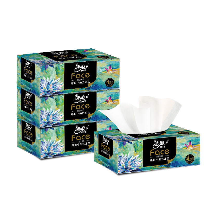 洁柔抽纸 艺术油画Face盒抽加厚4层90抽*4盒 可湿水面巾纸 柔软亲肤(影)