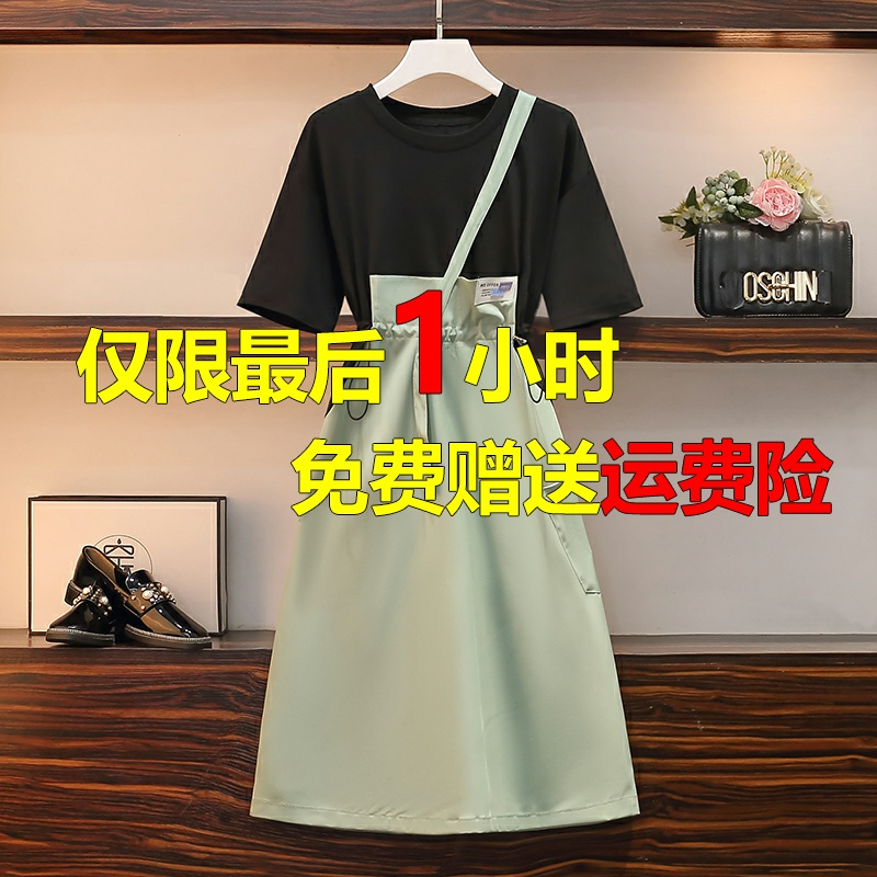 绿色连衣裙 M[80-100斤]法式茶歇连衣裙茶里茶气酷女孩穿搭可甜可盐 胖妹妹可盐可甜中长款大码女装冷淡风微胖穿搭假两