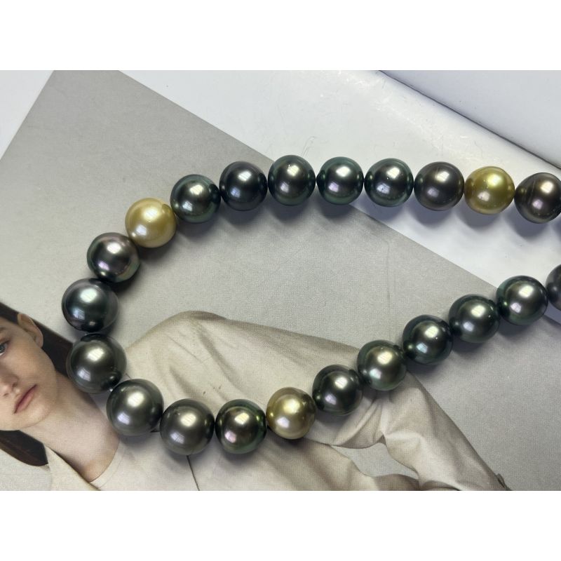 天然海水带大溪地孔雀绿微瑕疵满串珍珠项链