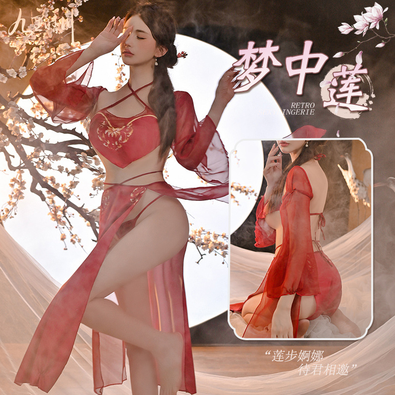 九里晴川古风情趣内衣古风轻薄汉服民国风诱惑刺绣免脱纯欲睡衣 九里晴川TZ094[古风套装-紫粉色] 均码高清大图