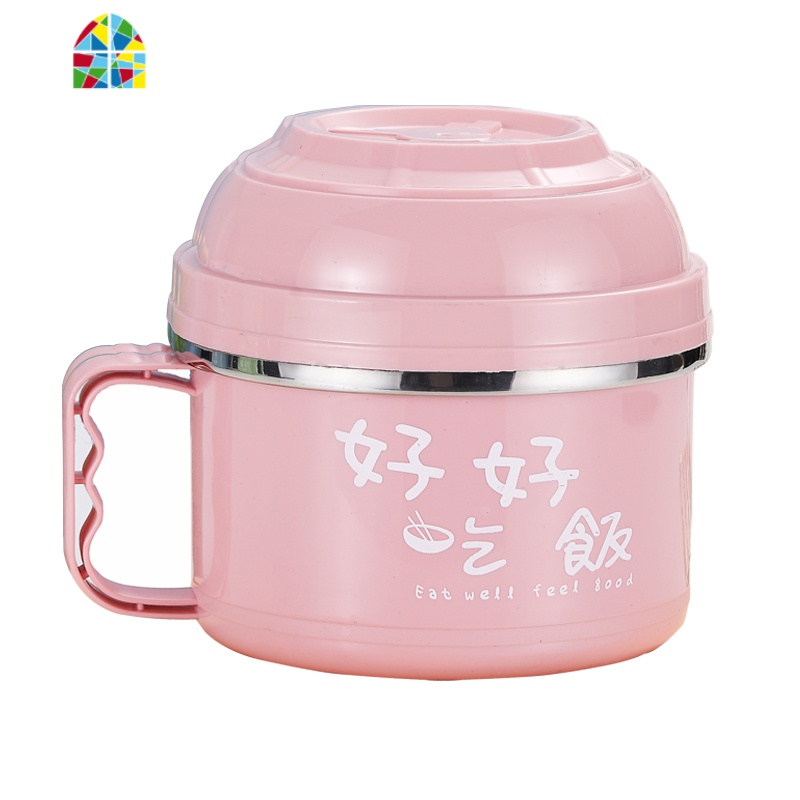 上班族饭盒保温学生宿舍可爱少女心碗带盖子吃面单个泡面碗易清洗 FENGHOU 北欧粉+不锈钢餐具+条纹袋+水杯高清大图