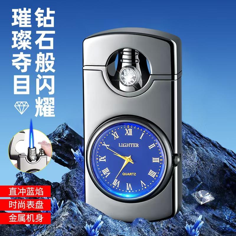 新款防风充气打火机个性直冲炫酷镶钻真表盘手表蓝焰点烟器送男友高清大图