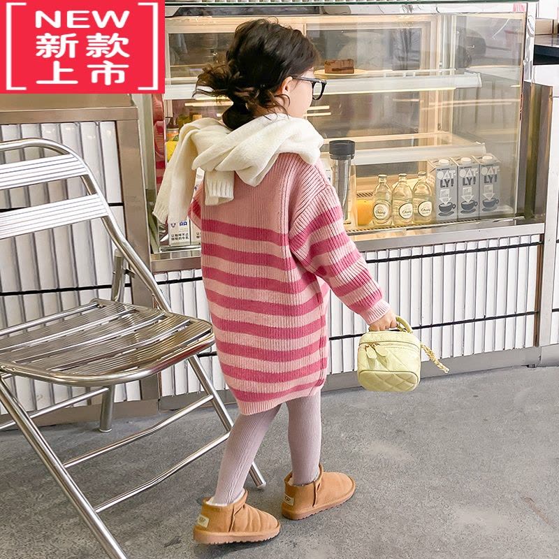 可莉允女童秋冬装毛衣裙2022新款韩版洋气女孩条纹针织外穿中长款连衣裙图片