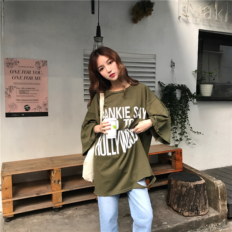 春夏女装韩版宽松七分袖做旧破洞中长款字母短袖T恤上衣打底衫潮军绿色均码