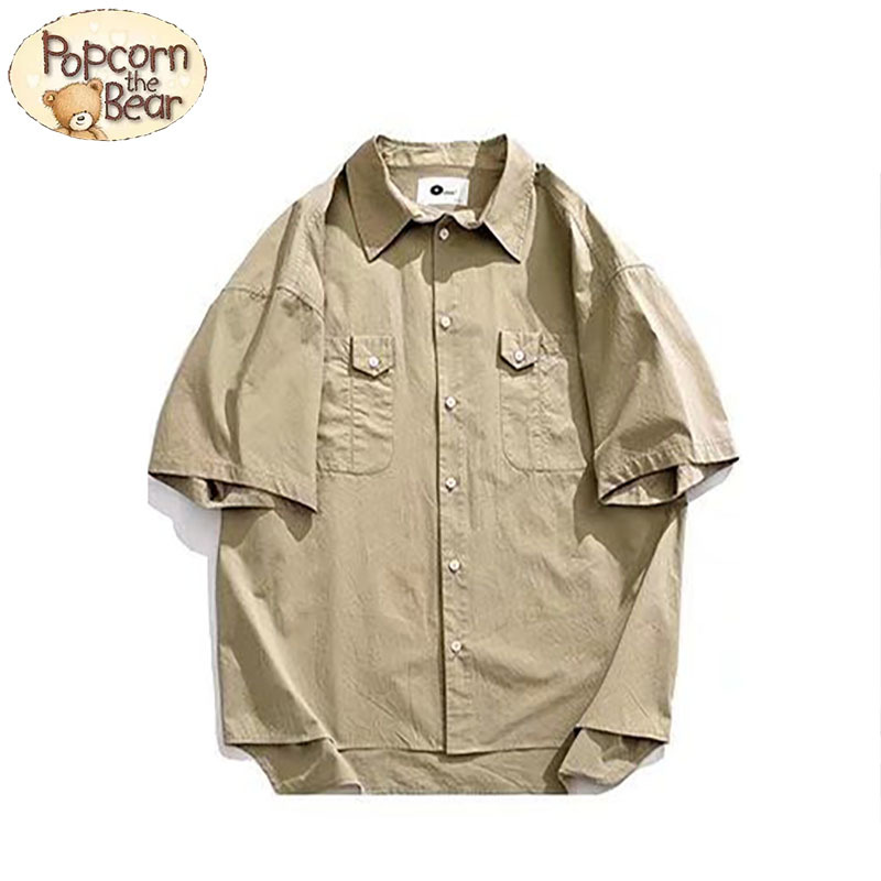 popcornthebear22夏季新款日系潮牌男儿中小童装拼接气质格子磨毛衬衫