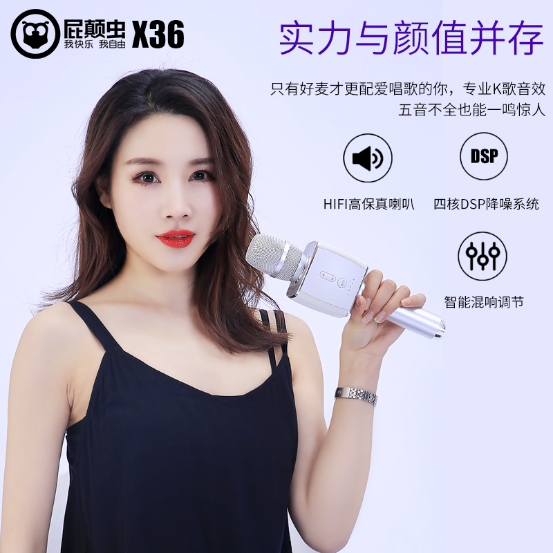 屁颠虫(HIFIERX36手机 电视无线 蓝牙话筒音响一体便携KTV家用电视神器全能麦带变音(X36+电视棒)白色