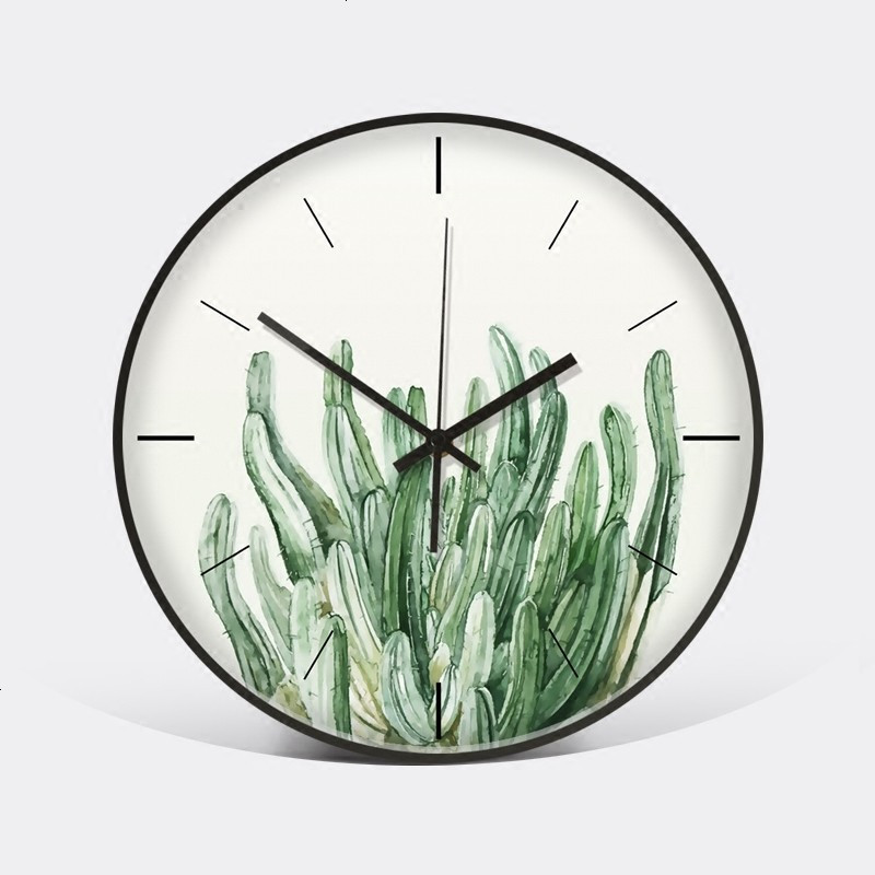瓦舍绿色植物挂钟小清新钟表卧室金属静音时钟北欧客厅挂表