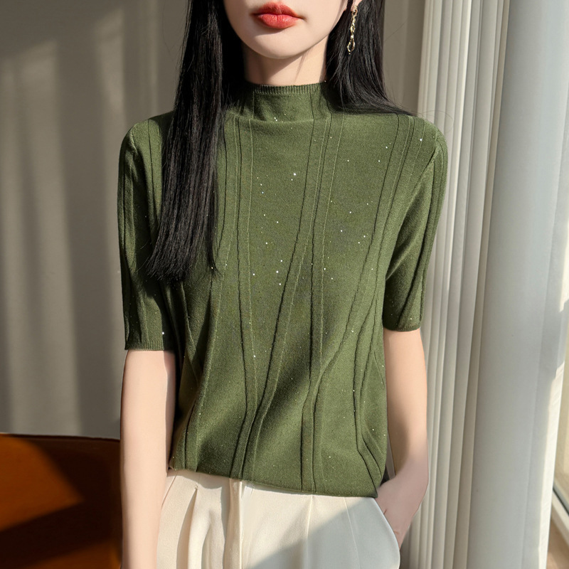 夏季新款亮片半高领套头针织衫上衣短袖休闲内搭打底衫T恤女