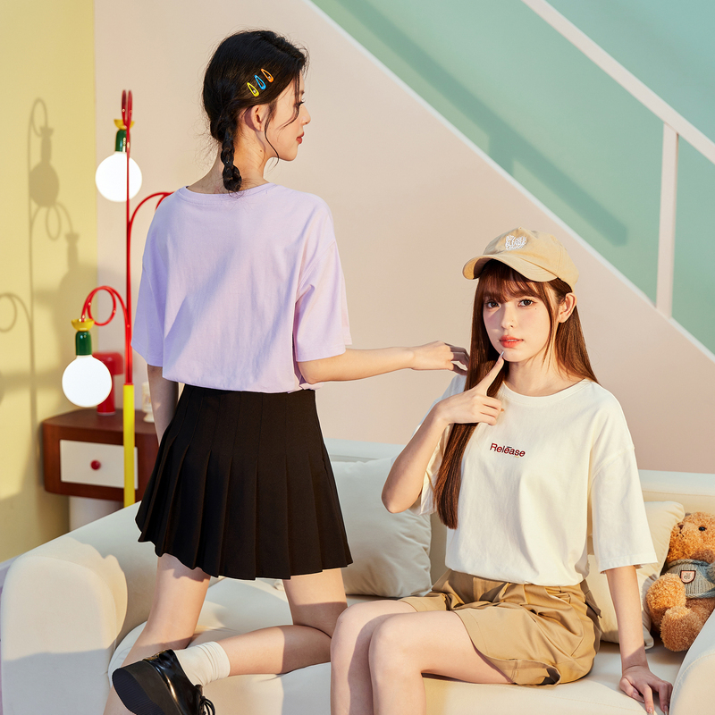 [1.5折价36元]唐狮夏季新款女简约撞色字母纯棉短袖T恤休闲夏装宽松上衣sz