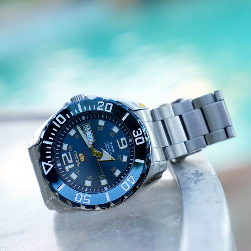 精工（SEIKO）手表 精工5号原装进口自动机械表商务休闲运动防水户外夜光双历功能计时男表蓝盘钢带 SRPB37J1