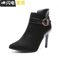 尖头裸靴女短靴2022秋冬季新款高跟鞋细跟金属侧拉链女靴春秋单靴启如休闲鞋