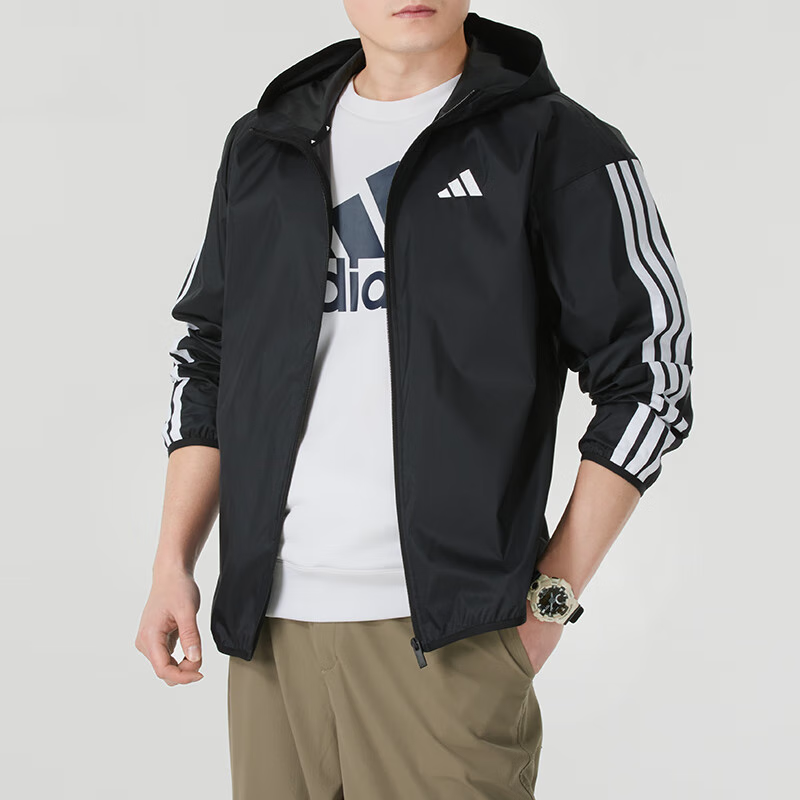 阿迪达斯(adidas)男装 新款外套运动服户外训练防风衣跑步健身连帽夹克JE8577 ZP IM7848/黑色 XL