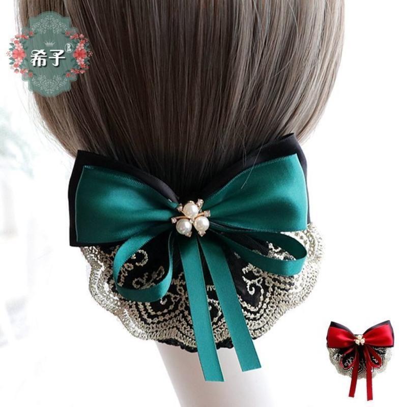 蕾丝蝴蝶结护士发卡上班配制服盘发头饰发饰品女酒红色配粗网>800_800