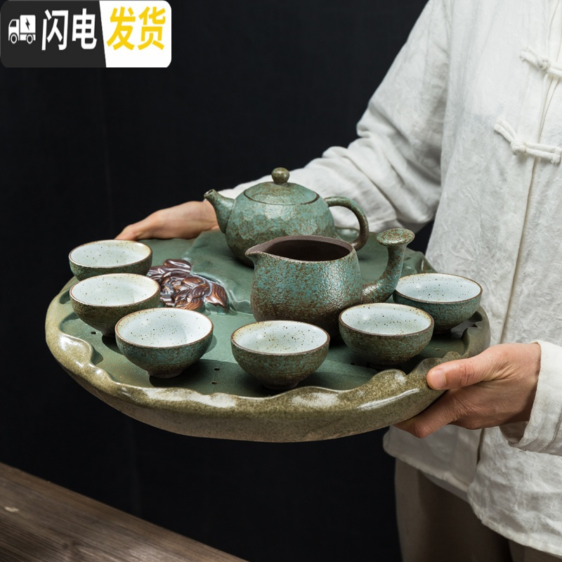三维工匠家用创意干泡台日式简易陶瓷茶盘荷花功夫茶具托盘粗陶储水小套装 西施壶15头+陶瓷茶盘