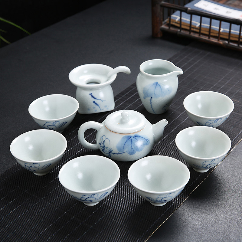 常生源 功夫茶具 整套陶瓷功夫茶具可养开片茶杯茶壶 手绘匏尊原矿汝窑汝瓷茶具套装