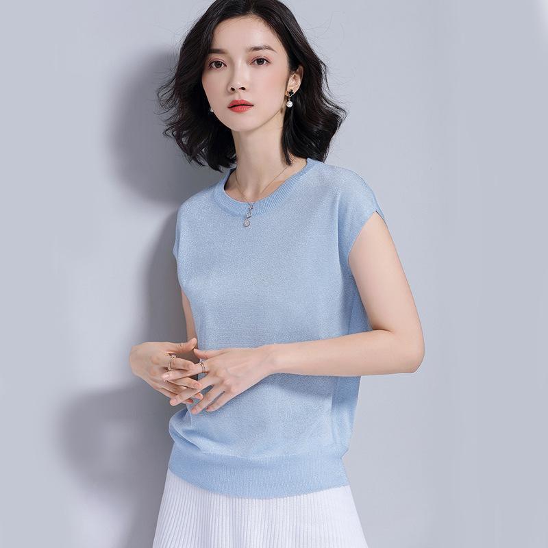 与牧圆领简约冰丝针织衫短袖t恤女薄款短款打底衫宽松505