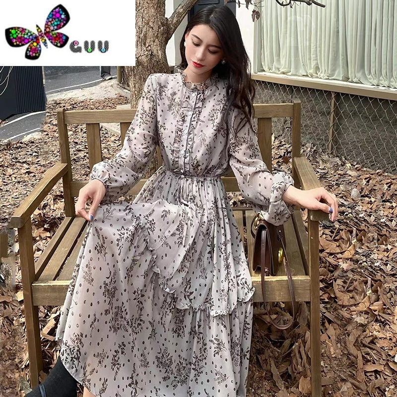 语娄茶歇法式显瘦连衣裙女2023新款高级感气质长袖雪纺碎花裙子