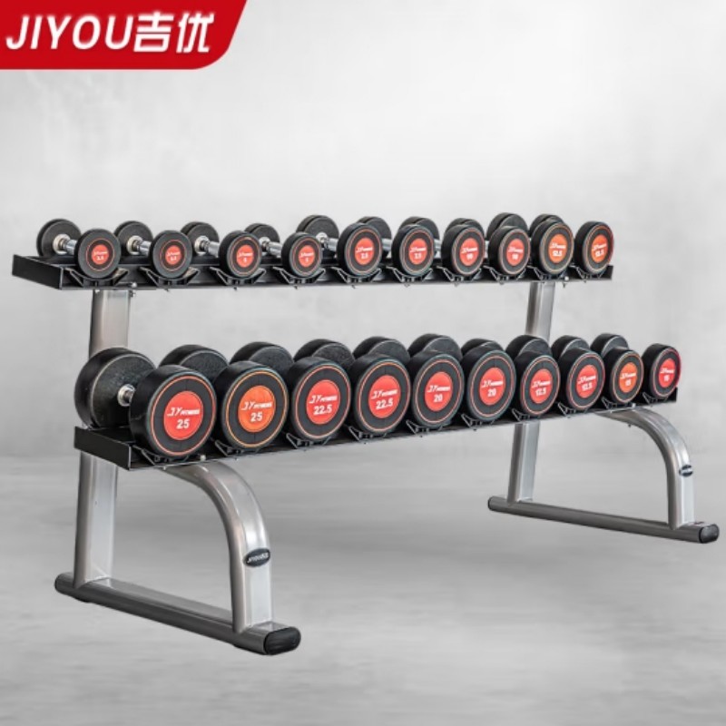吉优JY-F9003 哑铃包胶固定式哑铃套装力量训练2.5KG-25KG含双层哑铃架10付装