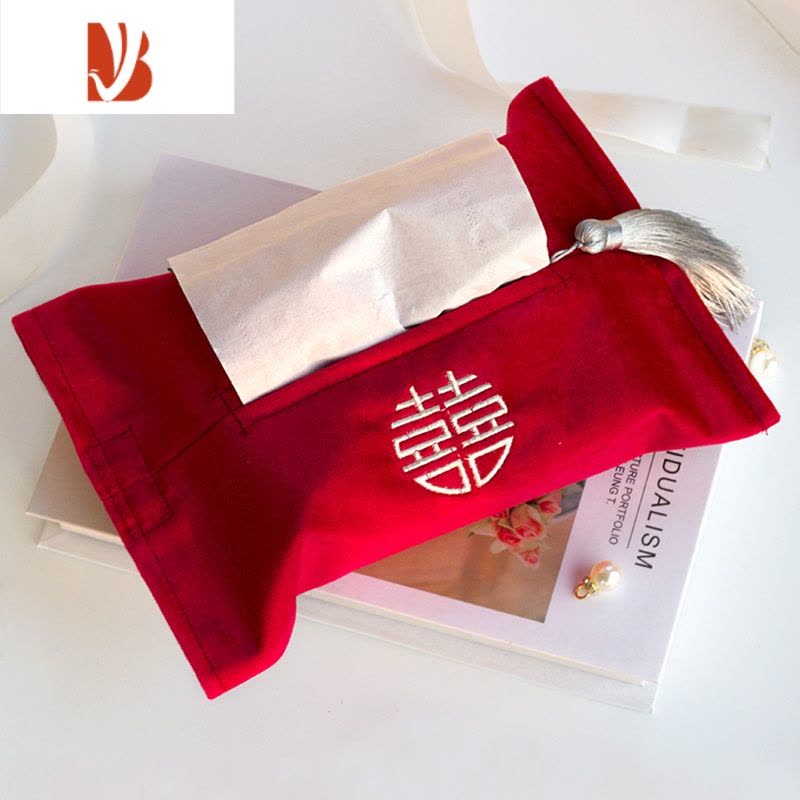 三维工匠ins喜字刺绣纸巾盒 布艺丝绒纸巾袋 婚礼婚房抽纸袋装饰 S款(喜)字-正红色图片