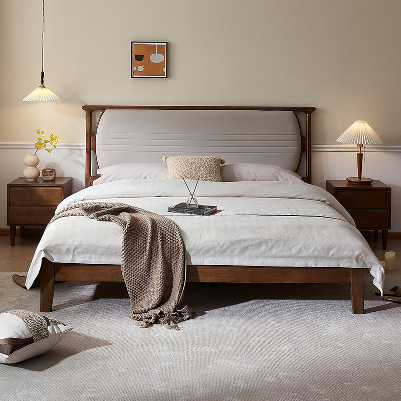 全友家居新中式简约现代实木床全实木双人床卧室软包床屏家具dw1206