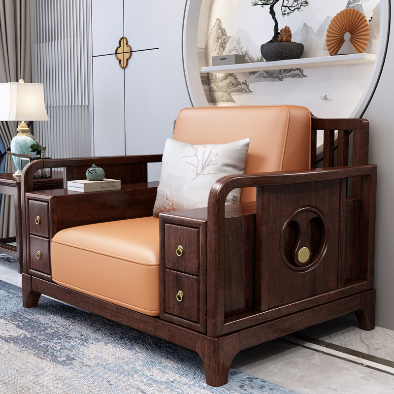 采百木(caibaimu)新中式皮沙发紫金檀木红木软包沙发组合客厅三人位