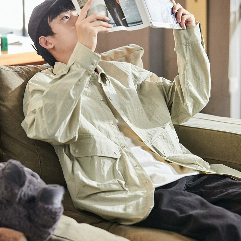 9元,叠加优惠券]唐狮秋季新款工装衬衫男长袖日系大口袋衬衣户外休闲