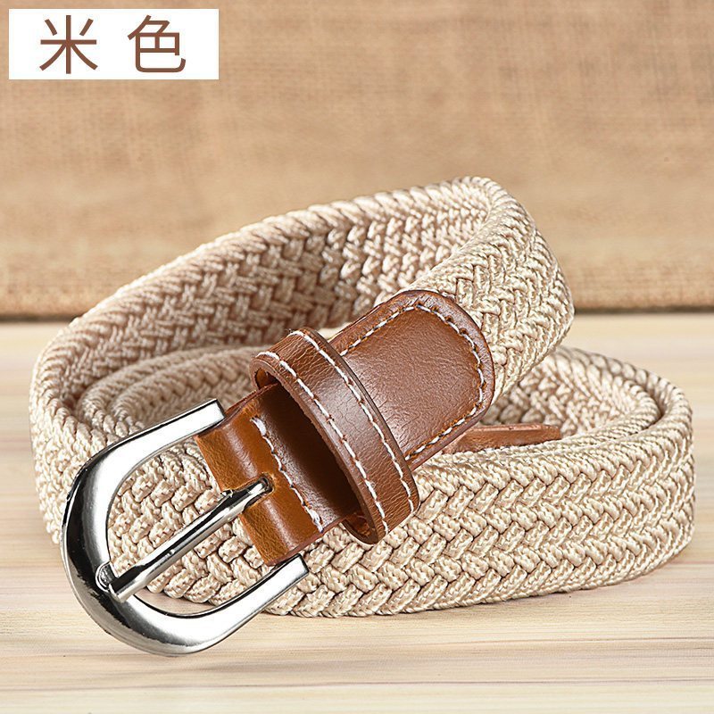 家柏饰(CORATED)帆布腰带女士无孔编织弹力皮带韩版装饰男女细皮带学生休闲布带 米色(弹力腰带)100cm