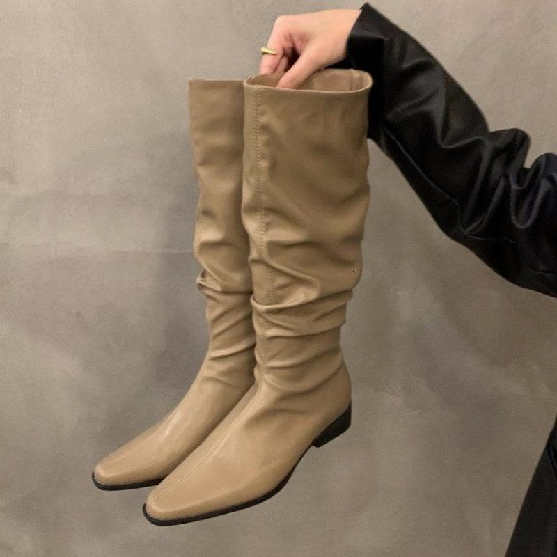 戈佳妮2023新款秋冬粗跟堆堆长筒骑士靴子女法式中筒瘦瘦西部长靴图片