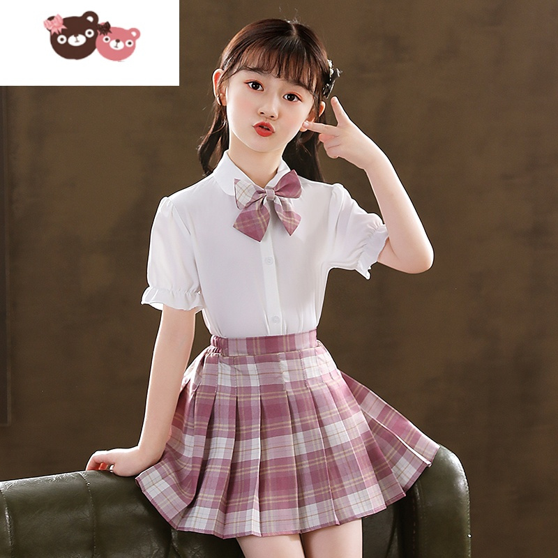 绿彩虹光女童jk制服裙子夏季小学生短袖儿童夏装学院风套装校服格子