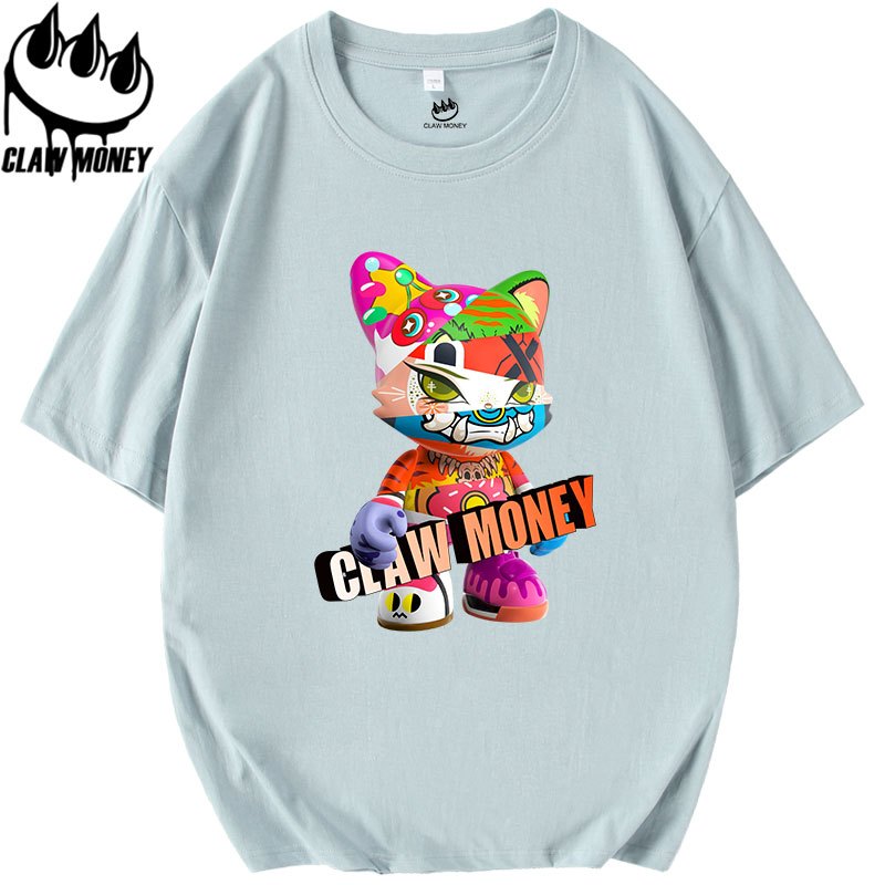 Claw money潮牌短袖t恤男纯棉老虎印花半袖宽松半截袖圆领体恤潮