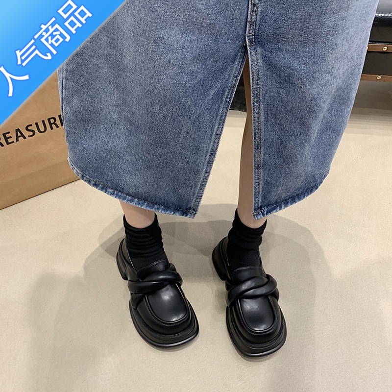 SUNTEK厚底小皮鞋女2022年秋季新款英伦风松糕底黑色乐福鞋女百搭单松高清大图