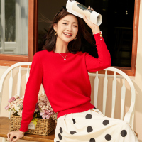 恒源祥春秋圆领羊毛衫女2024新款基础打底毛衣纯色时尚套头针织衫 中国红 175/96A/XL